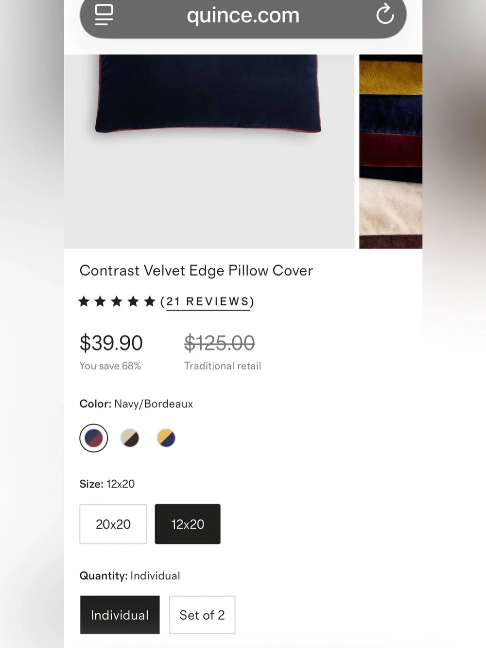 NWT Quince Contrast Velvet Edge Pillow Cover, 12 X 20 (Navy/Bordeaux)